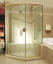 hexagonal framed shower enclosure with thick glass and swinging door