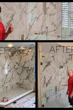 A collage of three photos showing a before and after of a frameless glass shower doing installed on a shower with gray marble tiles by Glass Doctor of Sarasota.