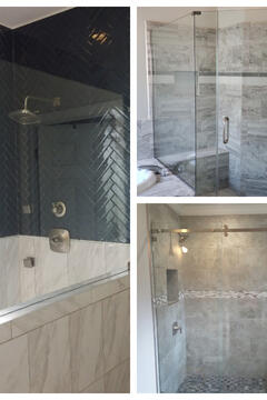A collage of three custom showers with three different styles of glass including a glass wall, an angled glass door, and a sliding glass door by Glass Doctor of Sarasota.